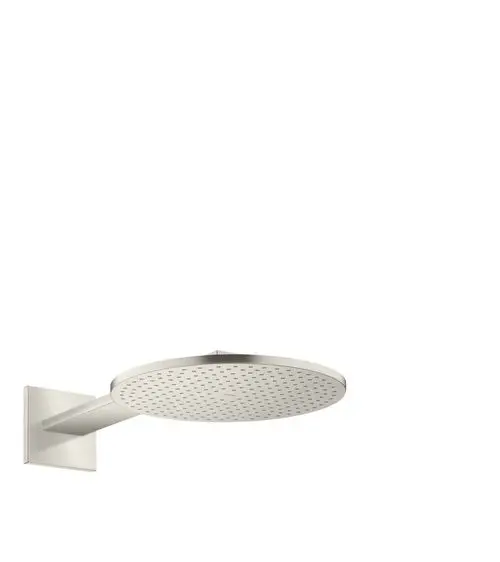 Brausekopf aus Edelstahl mit flachem, runden Design und Brausearm, an der Wand montiert. Produkt von AXOR.